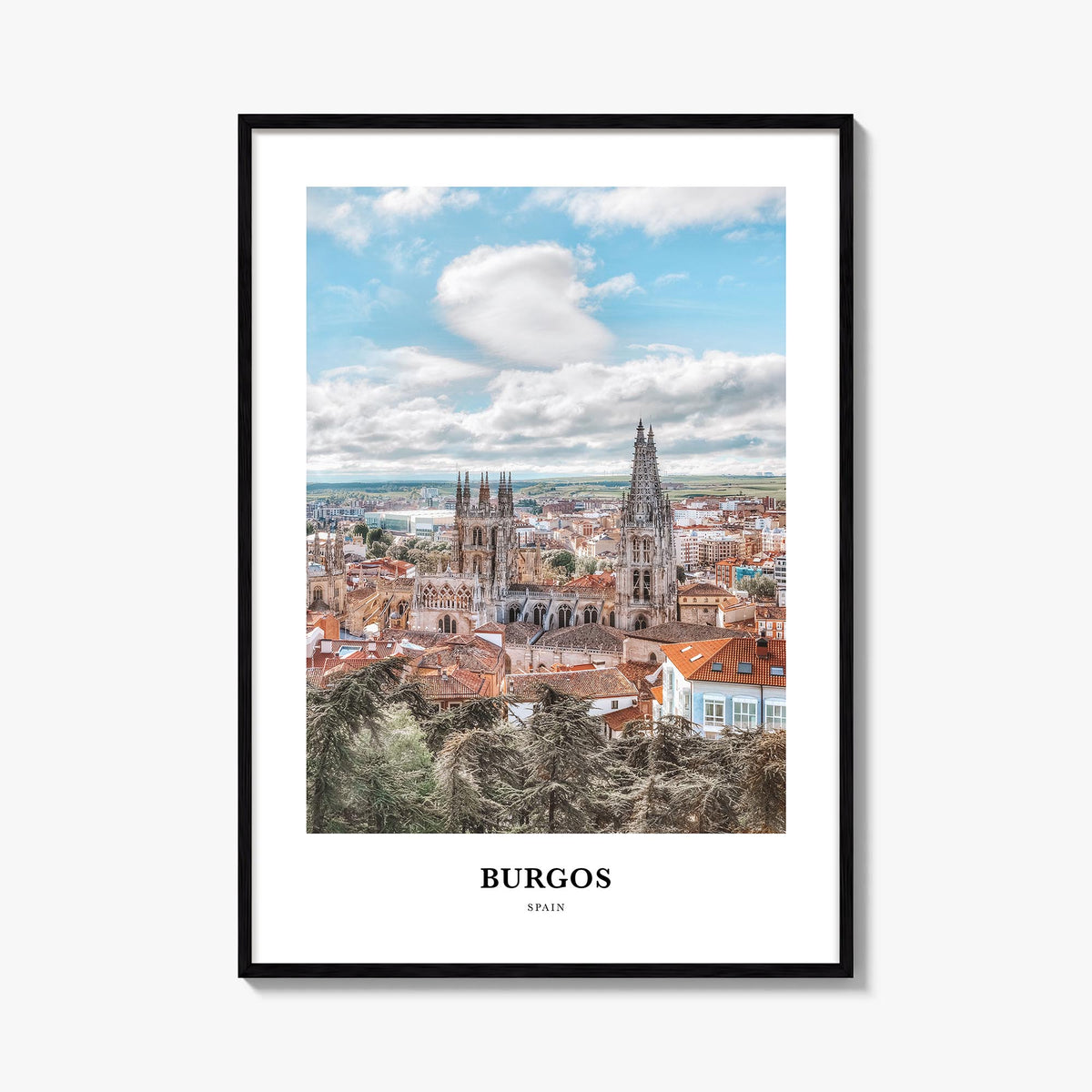 Burgos colorful classic poster of Spain – vertical wall art, unframed print shown in interior mockup