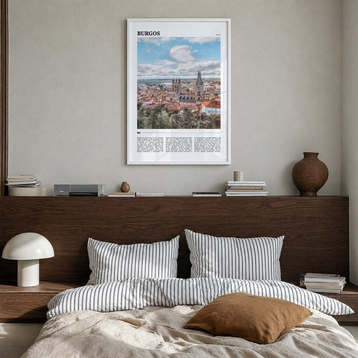 Burgos colorful travel poster of Spain – vertical wall art in white wood frame, hanging on wall