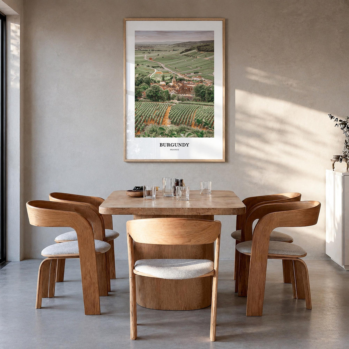 Burgundy colorful classic poster of France – vertical wall art in natural wood frame, hanging on wall
