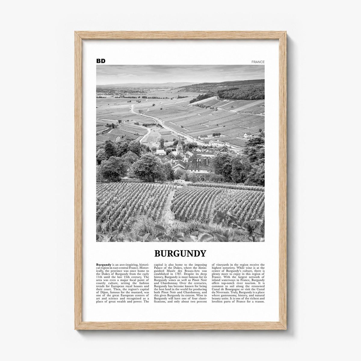 Burgundy Newspaper Poster in a natural wood frame