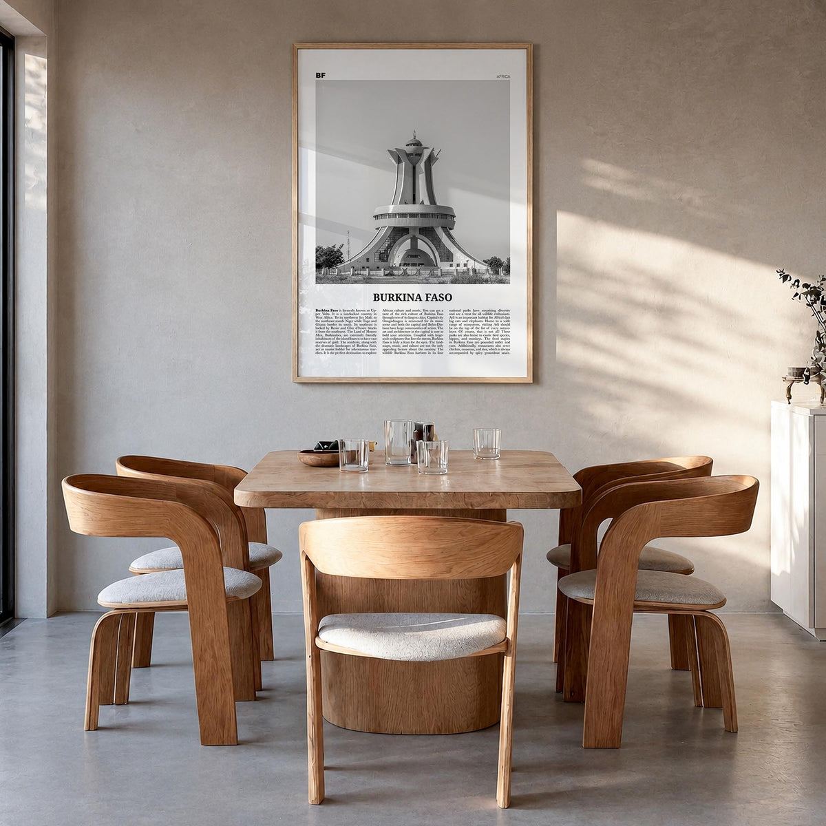 Burkina Faso black & white newspaper poster of Africa – vertical wall art in natural wood frame, hanging on wall