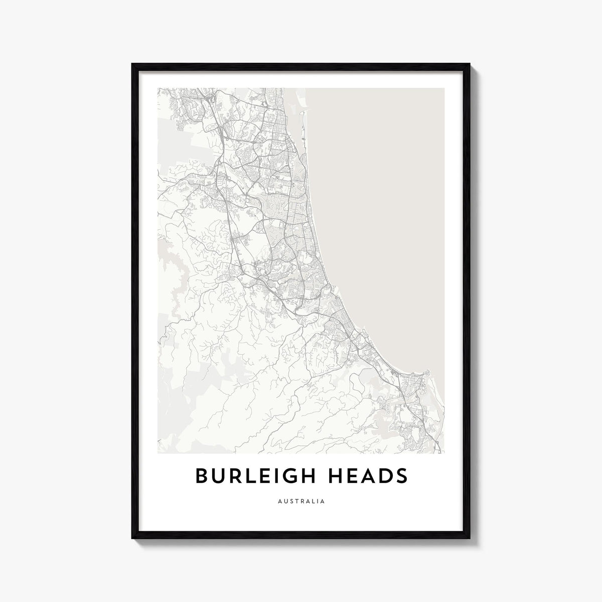Burleigh Heads black & white map poster of Gold Coast, Queensland – vertical wall art, unframed print shown in interior mocku