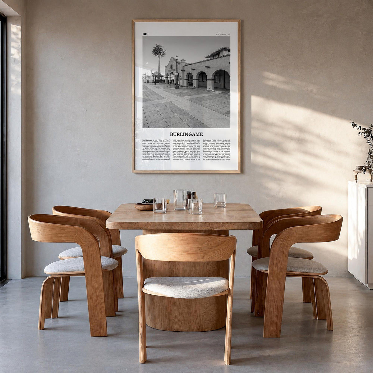 Burlingame black & white newspaper poster of California, USA – vertical wall art in natural wood frame, hanging on wall