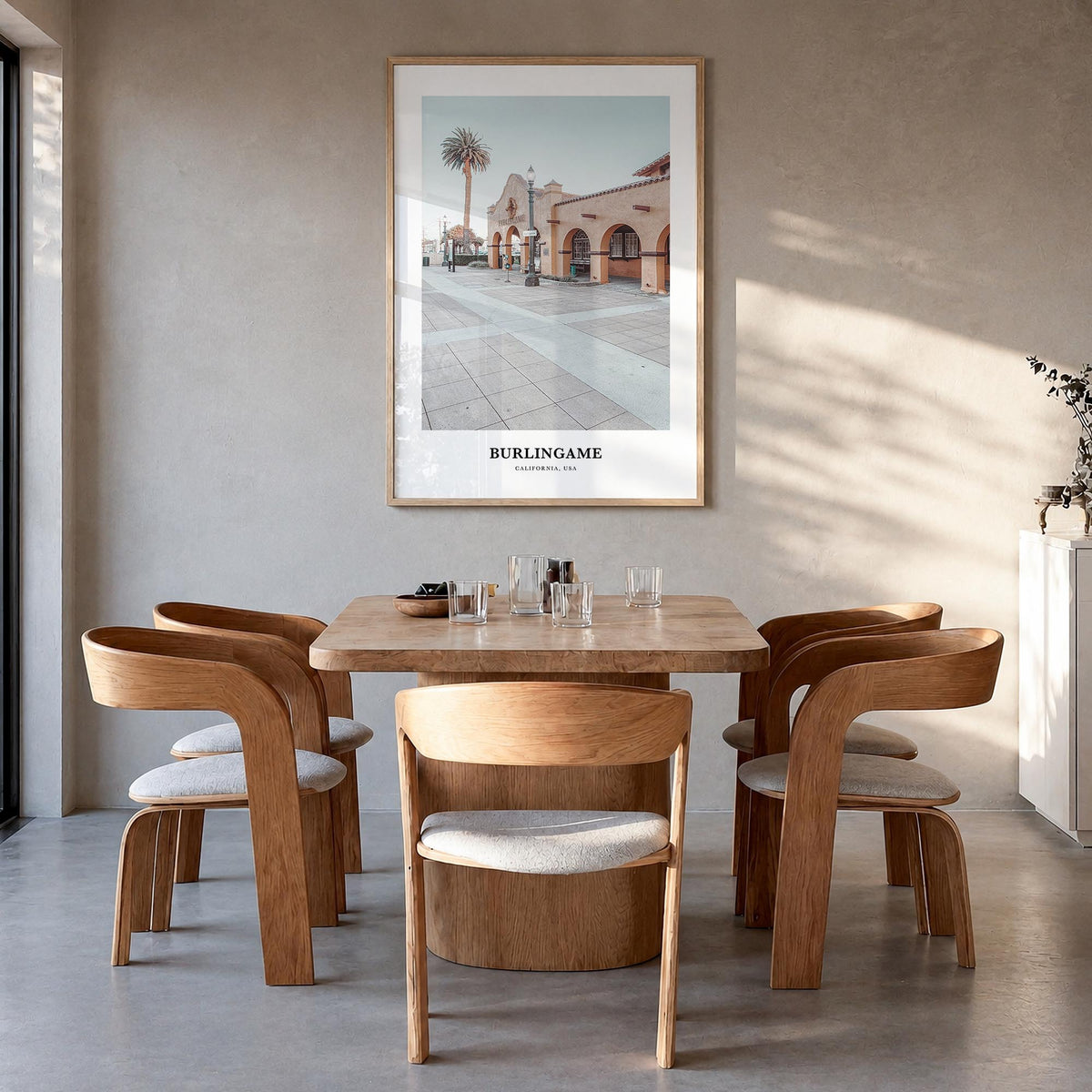 Burlingame colorful classic poster of California, USA – vertical wall art in natural wood frame, hanging on wall