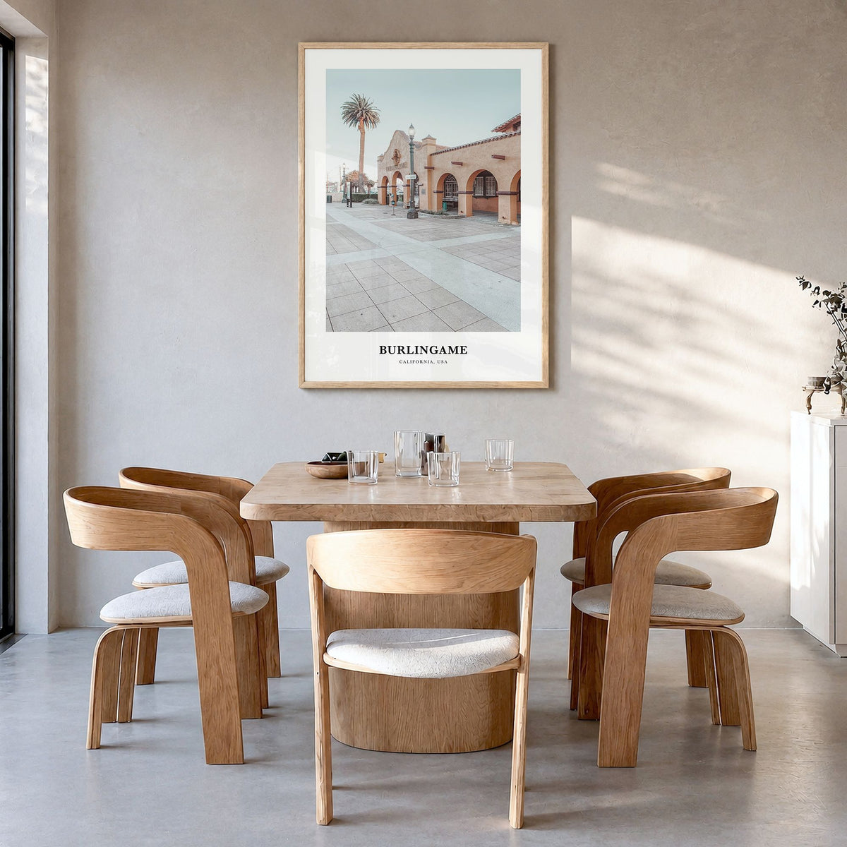 Burlingame Classic Poster in a natural wood frame, hanging in a dining room