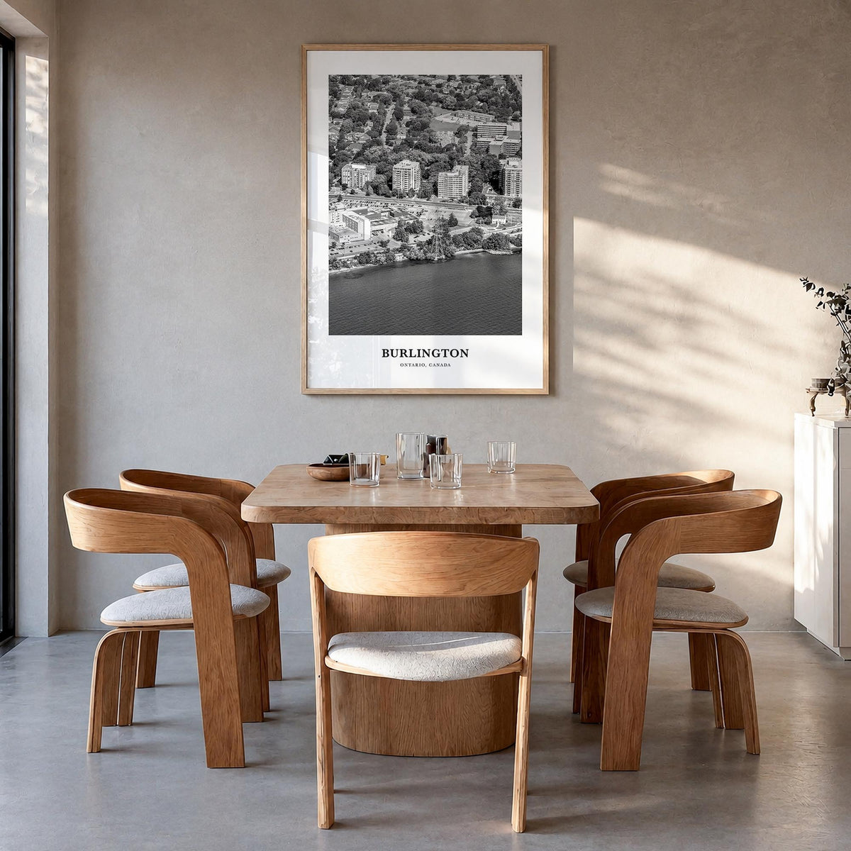 Burlington, Canada black & white classic poster of Canada – vertical wall art in natural wood frame, hanging on wall
