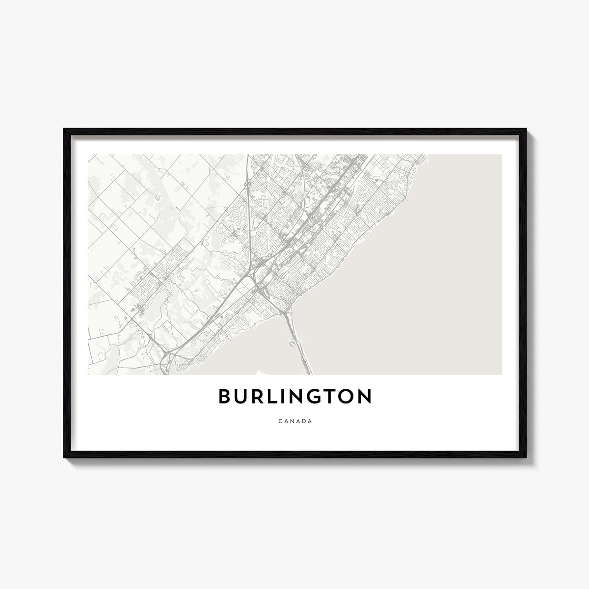 Burlington, Canada black & white map poster of Canada – horizontal wall art, unframed print shown in interior mockup
