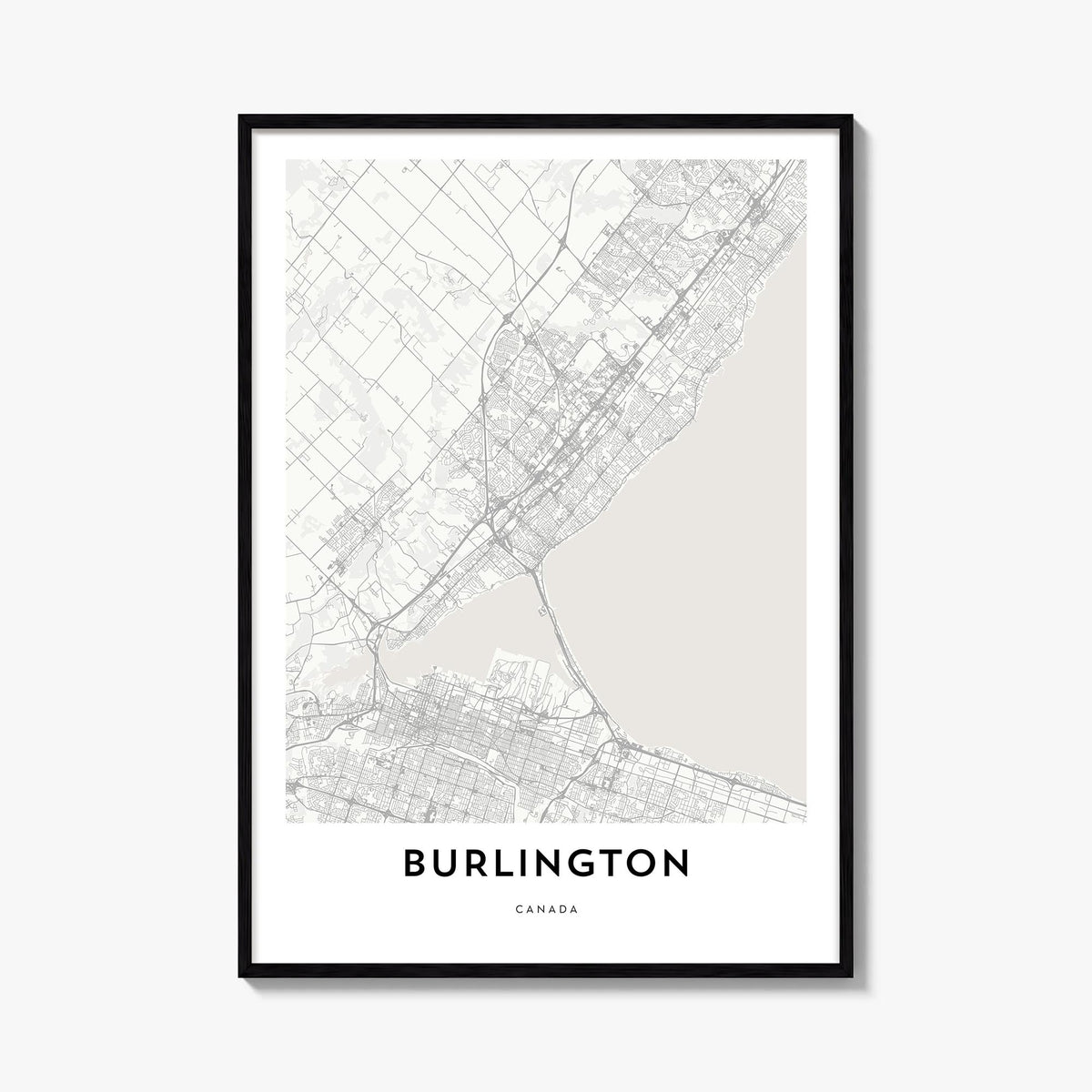 Burlington, Canada black & white map poster of Canada – vertical wall art, unframed print shown in interior mockup