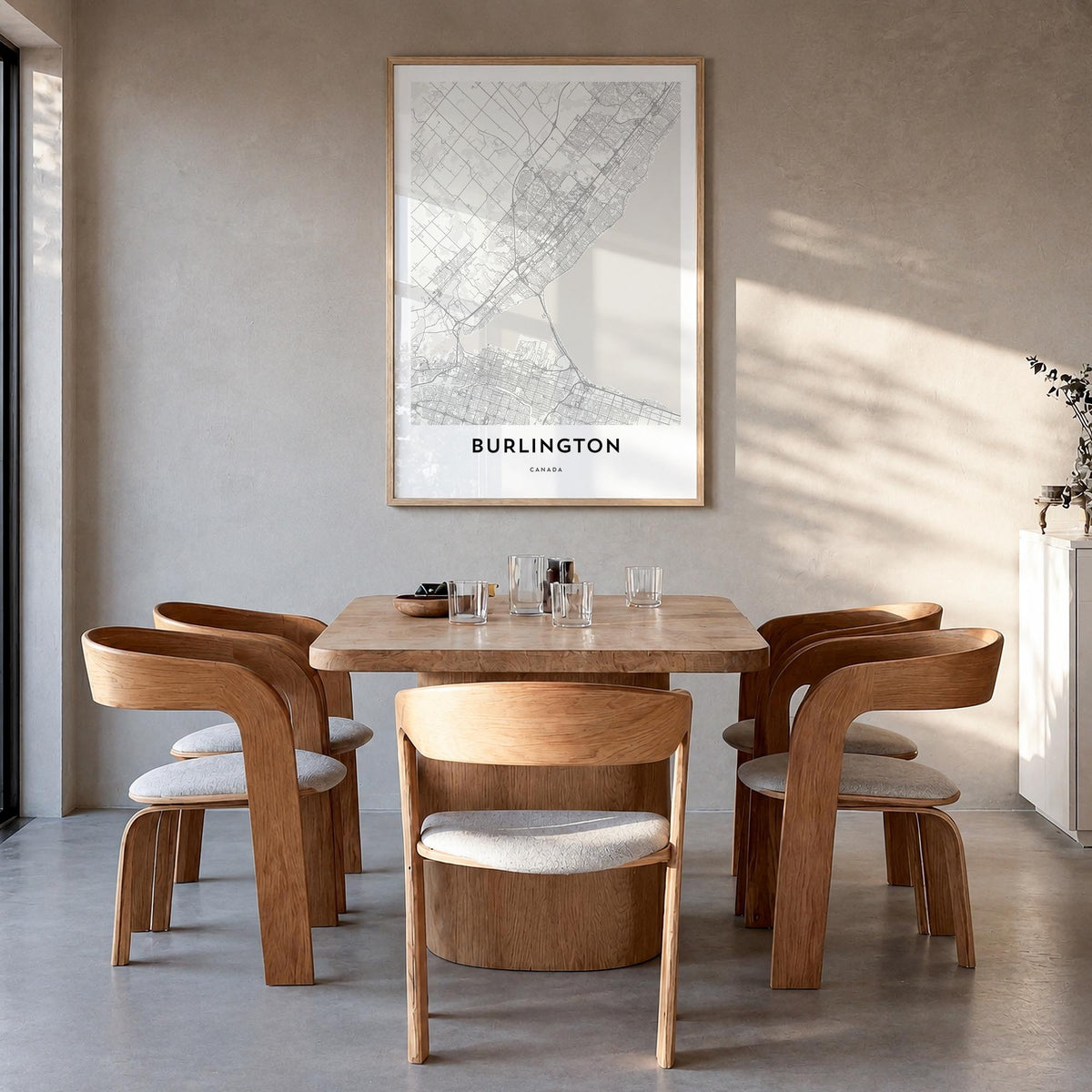 Burlington, Canada black & white map poster of Canada – vertical wall art in natural wood frame, hanging on wall