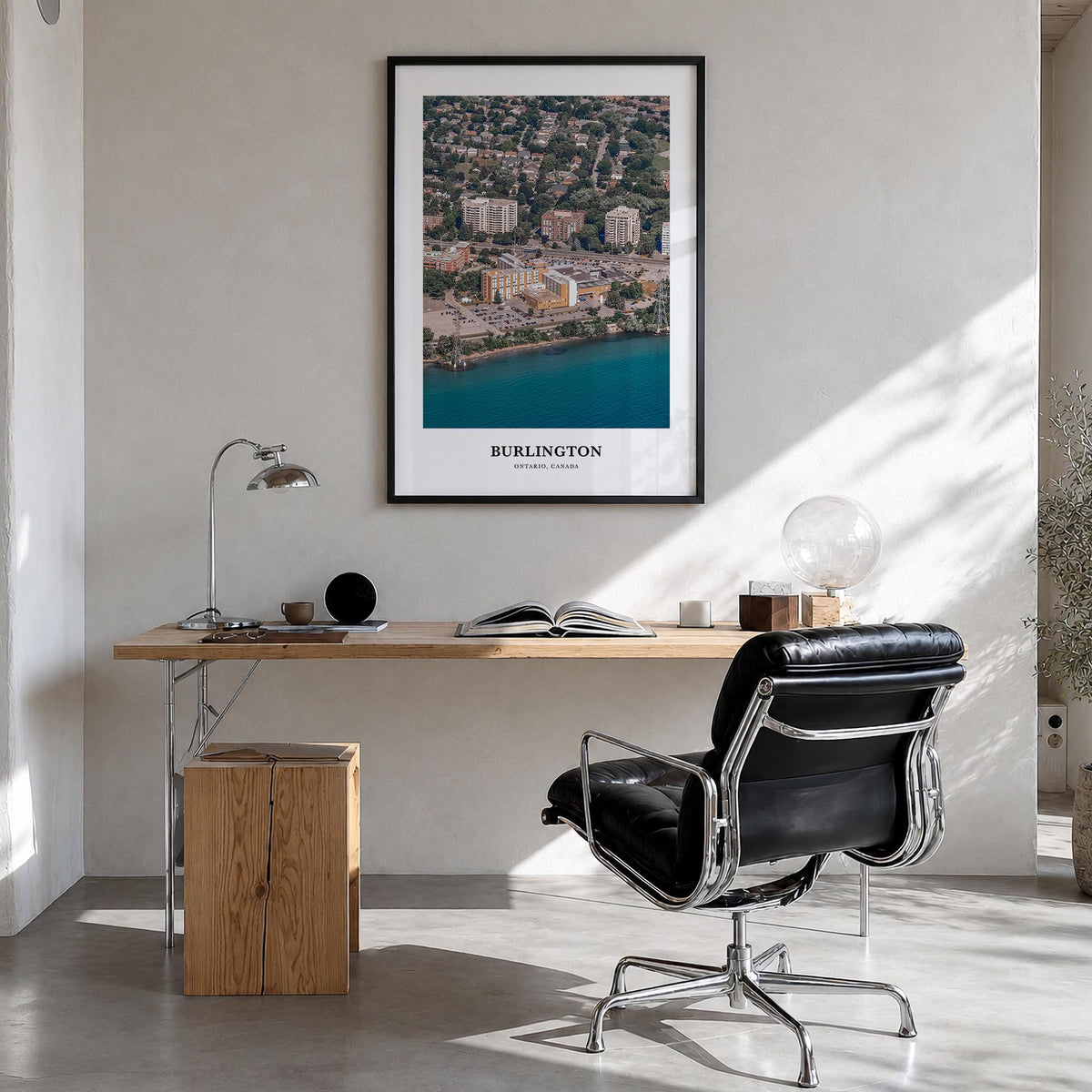 Burlington, Canada colorful classic poster of Canada – vertical wall art in black wood frame, hanging on wall