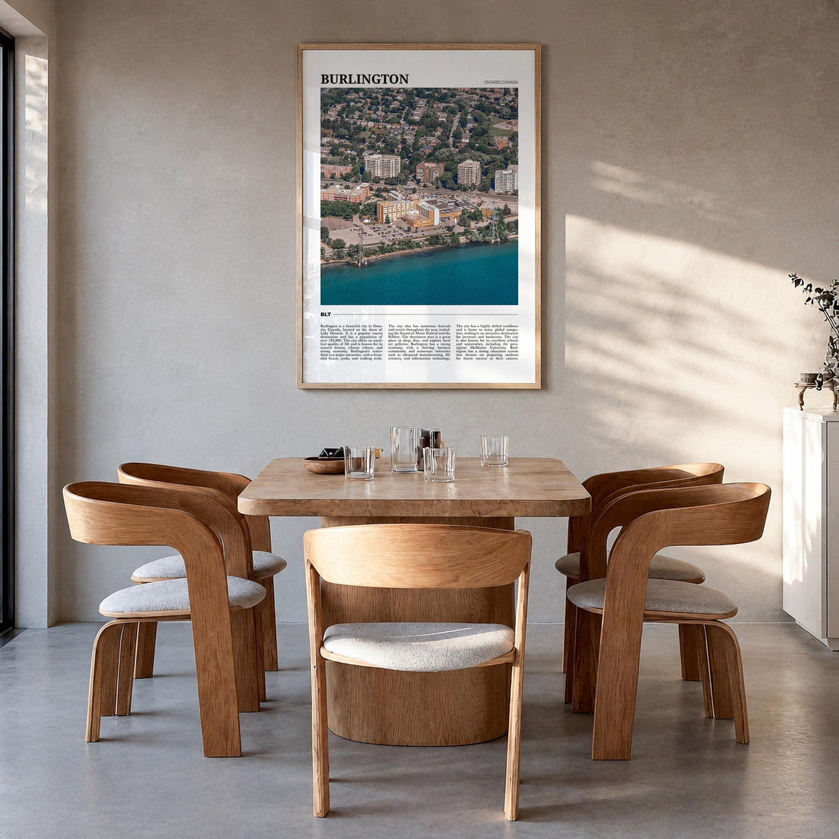 Burlington, Canada colorful travel poster of Canada – vertical wall art in natural wood frame, hanging on wall