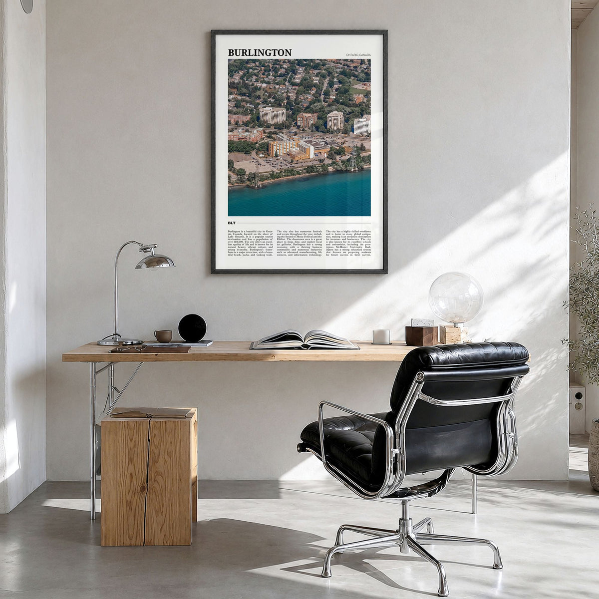 Burlington, Canada Travel Poster in a black wood frame, hanging in a bright home office