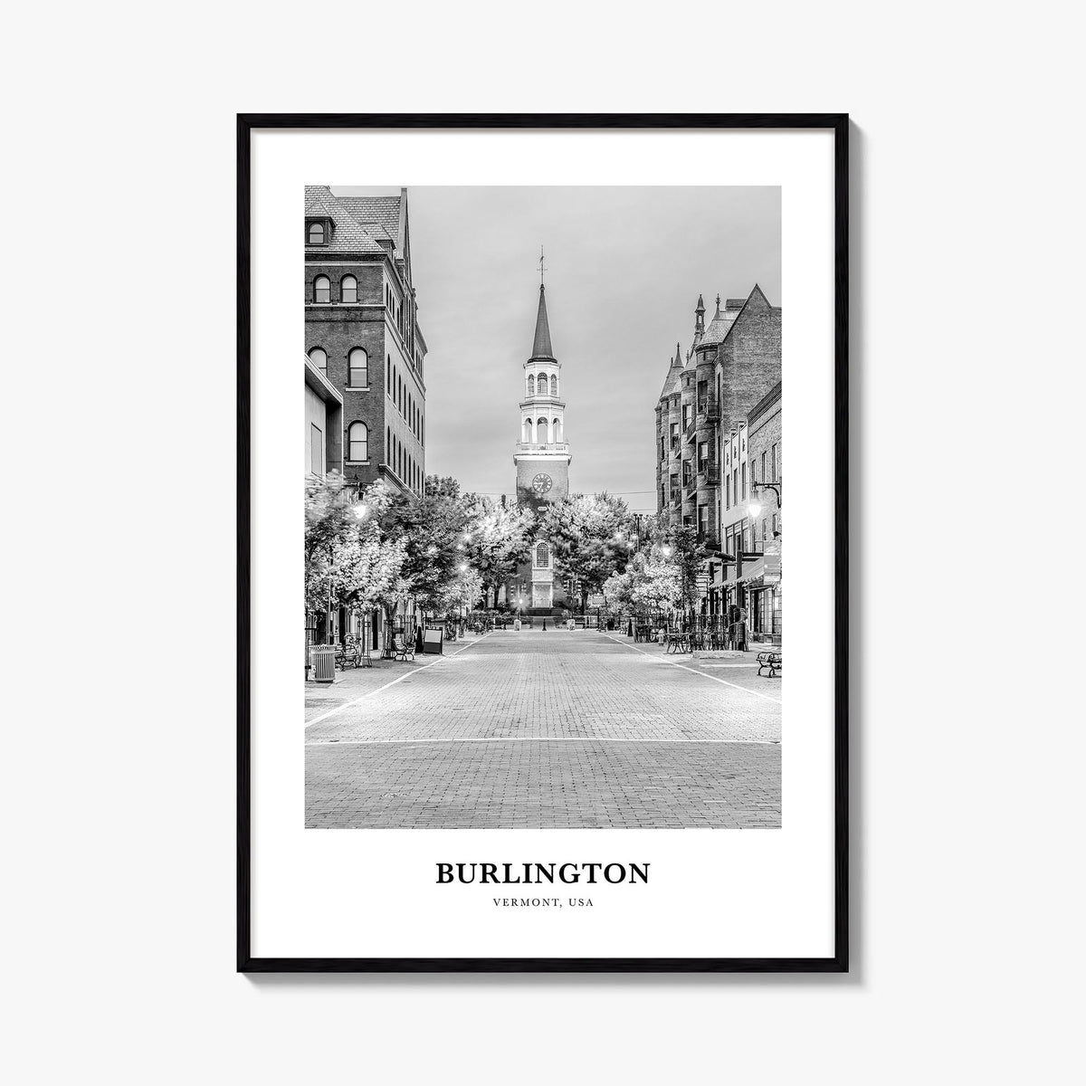 Burlington, Vermont black & white classic poster of Vermont, USA – vertical wall art, unframed print shown in interior mockup