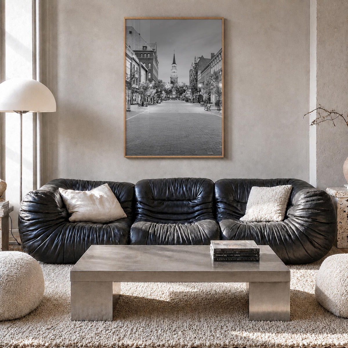 Burlington, Vermont black & white photo poster of Vermont, USA – vertical wall art in natural wood frame, hanging on wall