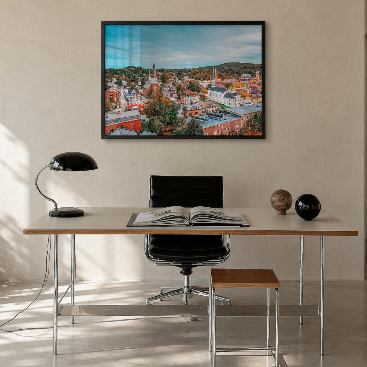 Burlington, Vermont colorful photo poster of Vermont, USA – horizontal wall art in black wood frame, hanging on wall