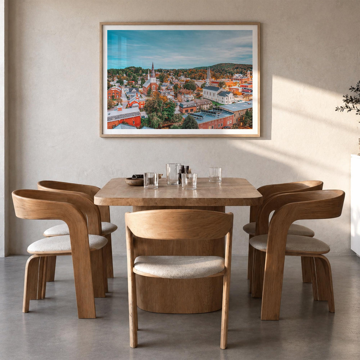 Burlington, Vermont colorful photo poster of Vermont, USA – horizontal wall art in natural wood frame with white border, hang