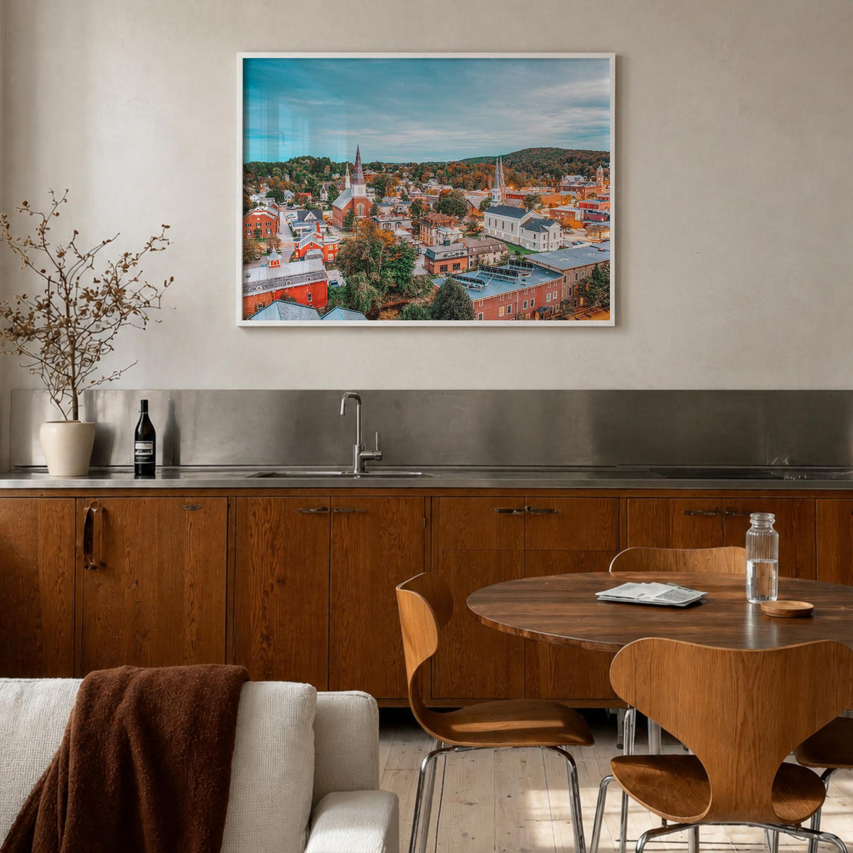 Burlington, Vermont colorful photo poster of Vermont, USA – horizontal wall art in white wood frame, hanging on wall