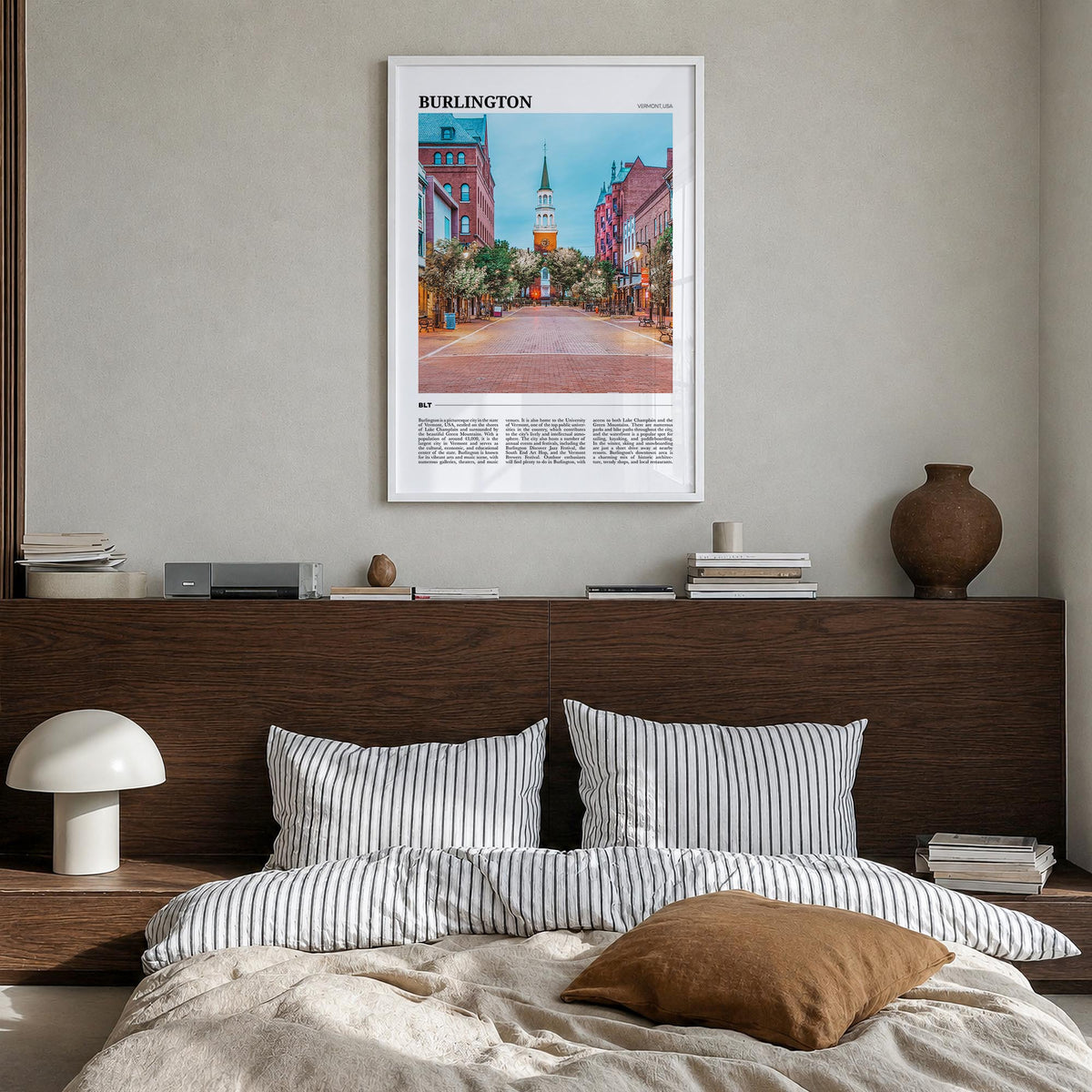 Burlington, Vermont colorful travel poster of Vermont, USA – vertical wall art in white wood frame, hanging on wall