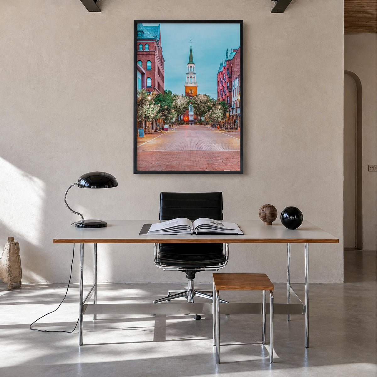 Burlington, Vermont no. 1 colorful photo poster of Vermont, USA – vertical wall art in black wood frame, hanging on wall