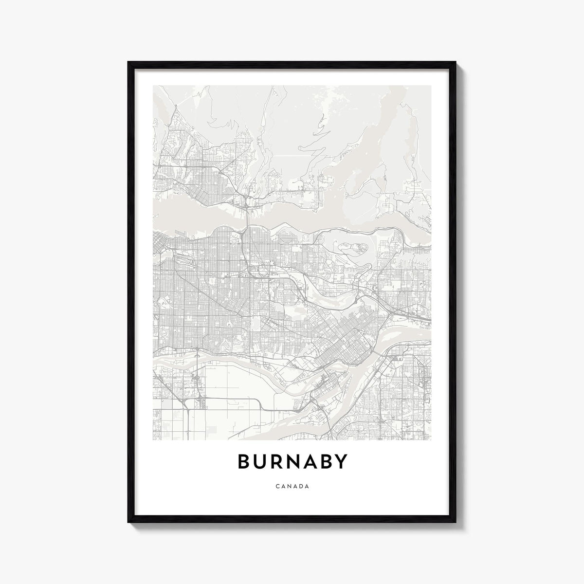 Burnaby black & white map poster of British Columbia, Canada – vertical wall art, unframed print shown in interior mockup