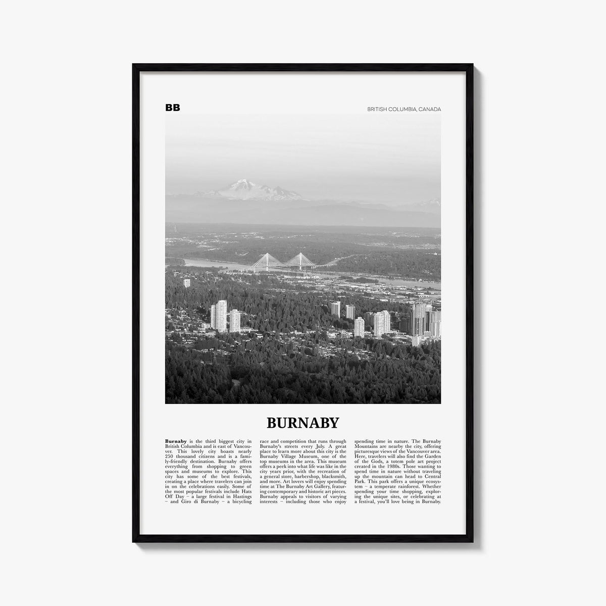 Burnaby black & white newspaper poster of British Columbia, Canada – vertical wall art, unframed print shown in interior mock