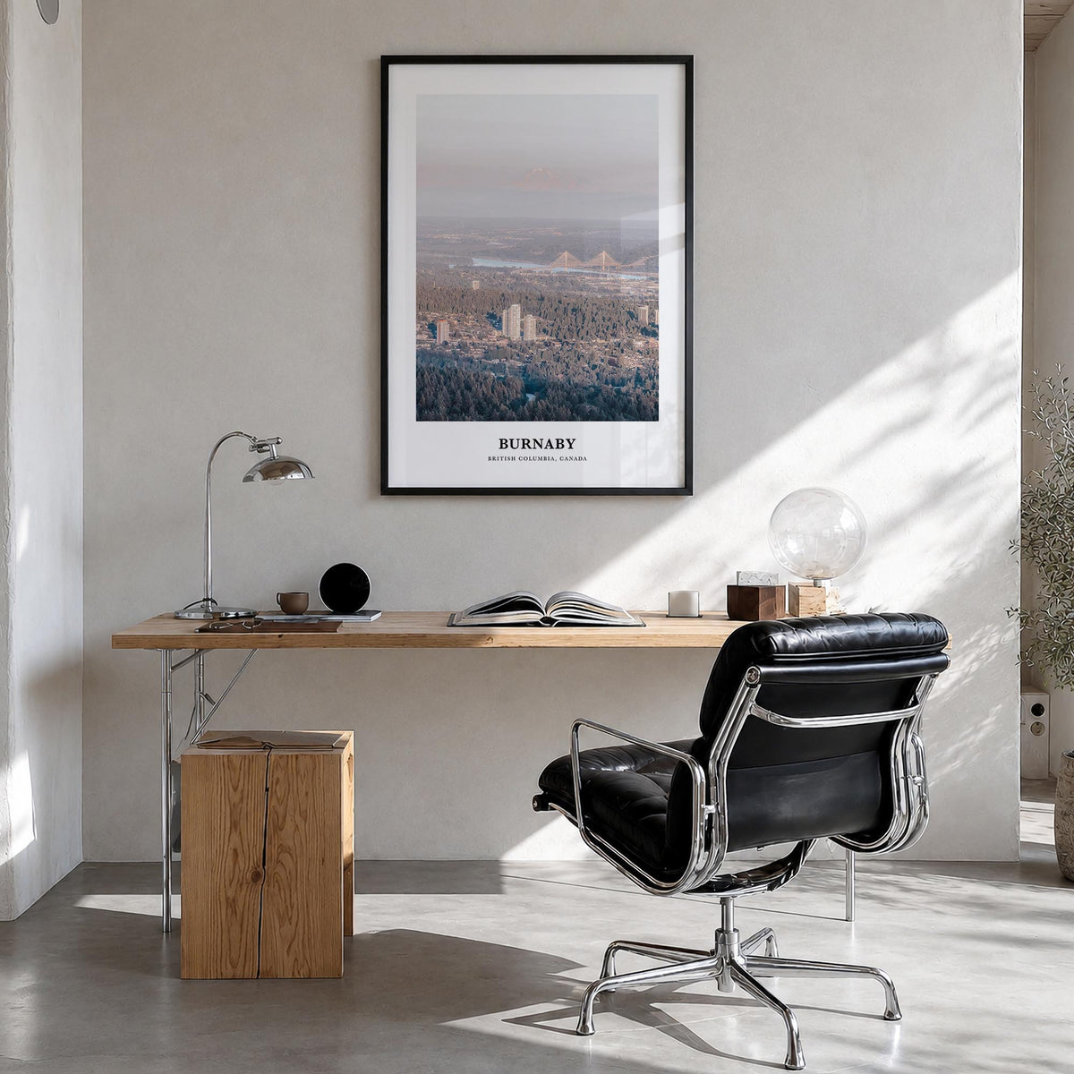Burnaby colorful classic poster of British Columbia, Canada – vertical wall art in black wood frame, hanging on wall