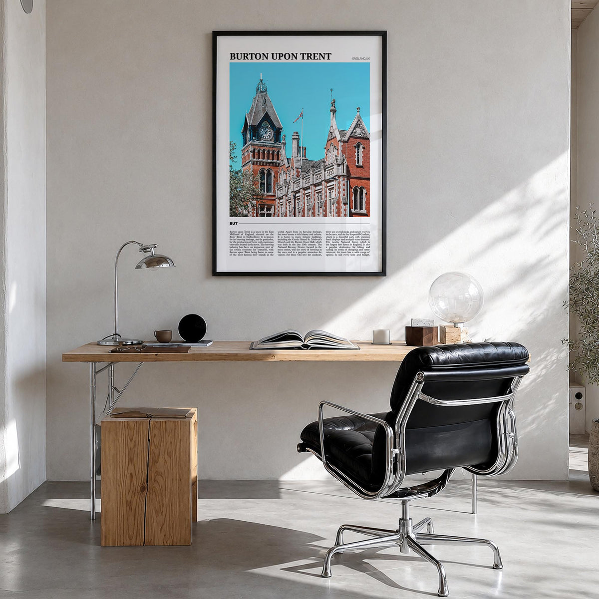 Burton upon Trent colorful travel poster of United Kingdom – vertical wall art in black wood frame, hanging on wall