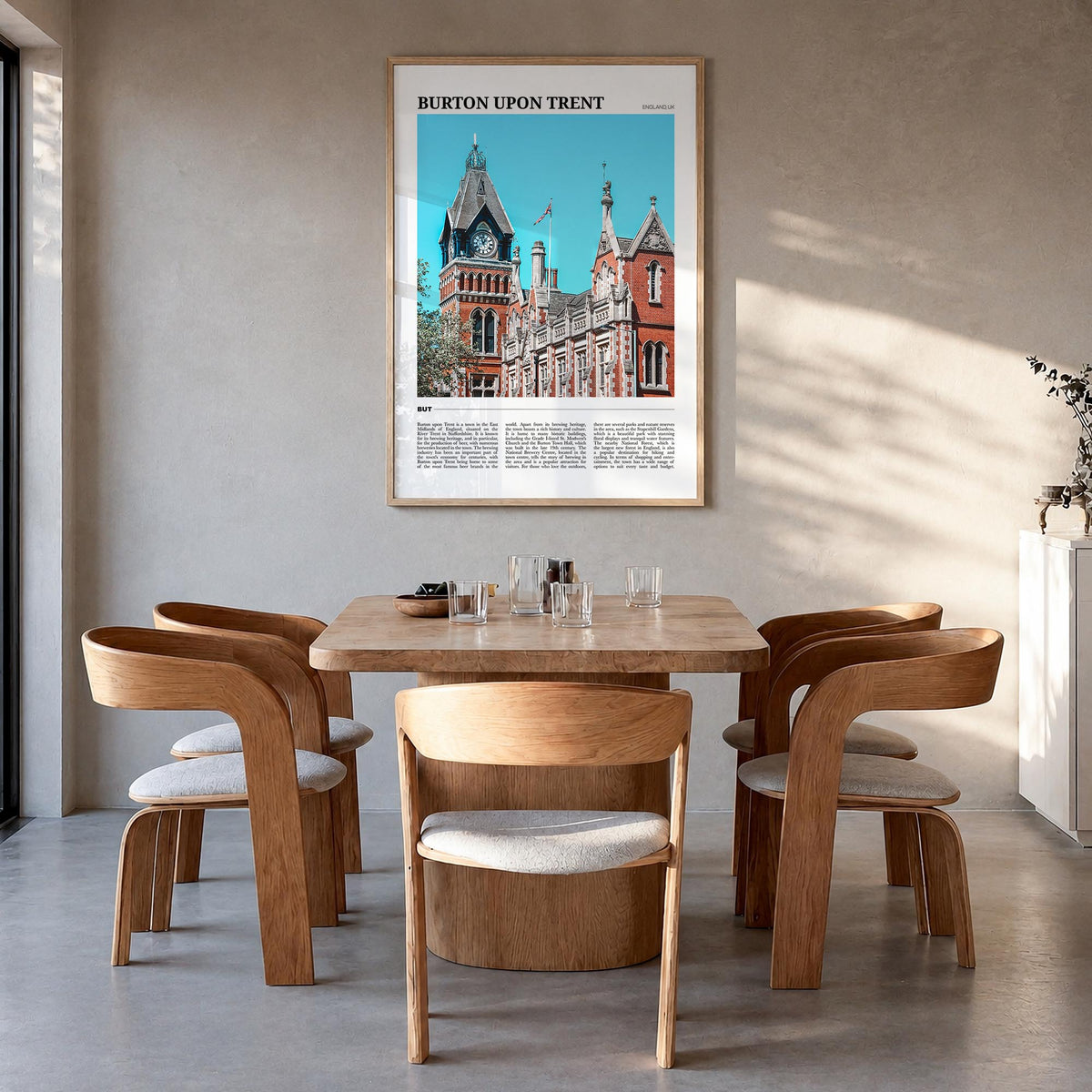 Burton upon Trent colorful travel poster of United Kingdom – vertical wall art in natural wood frame, hanging on wall