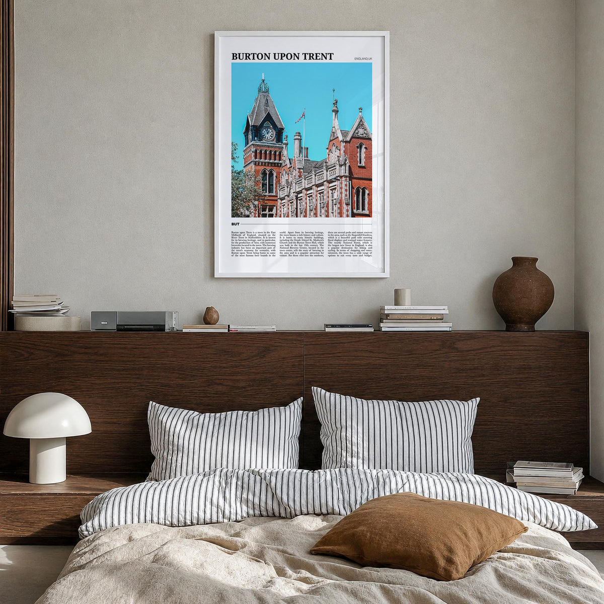 Burton upon Trent colorful travel poster of United Kingdom – vertical wall art in white wood frame, hanging on wall