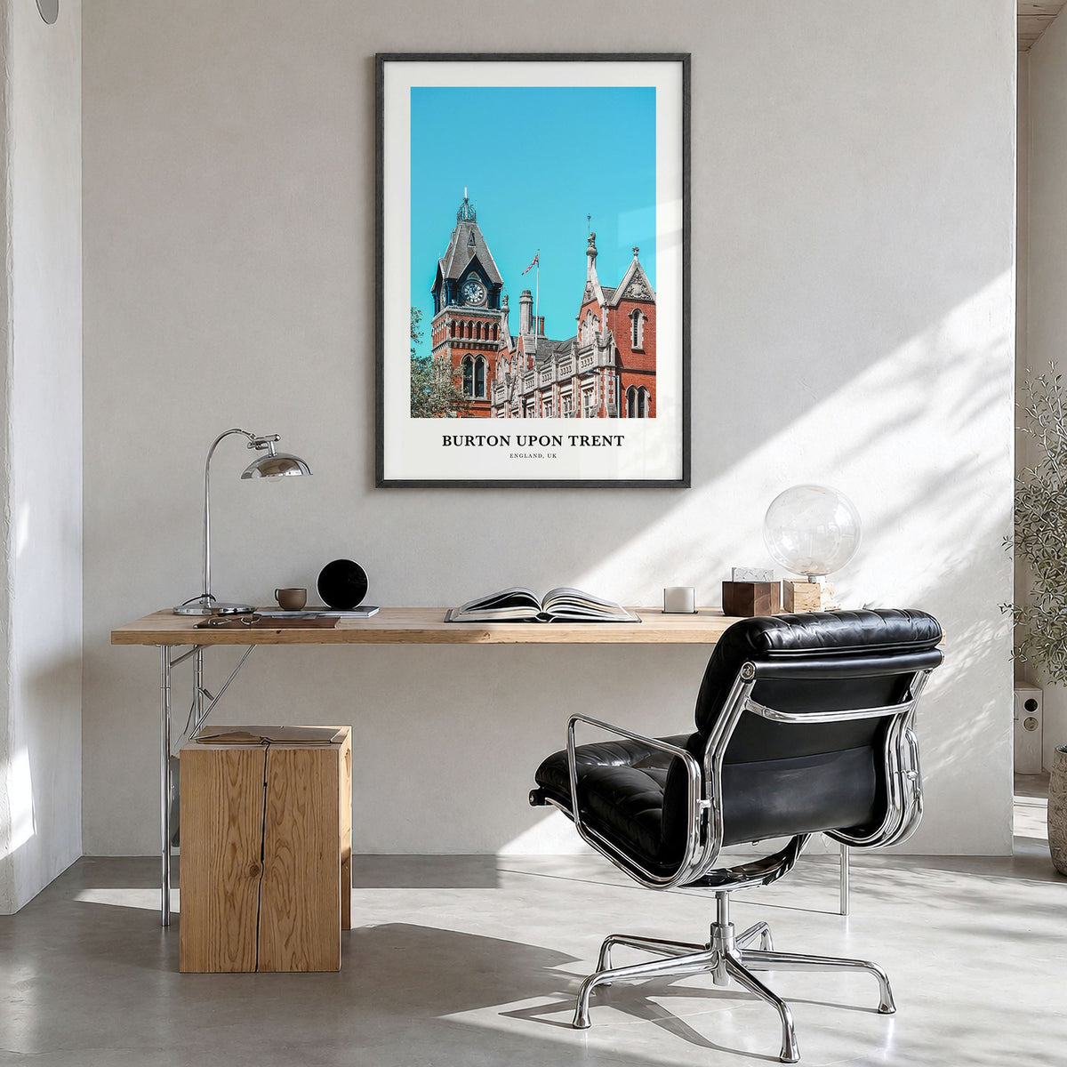 Burton upon Trent Classic Poster in a black wood frame, hanging in a bright home office