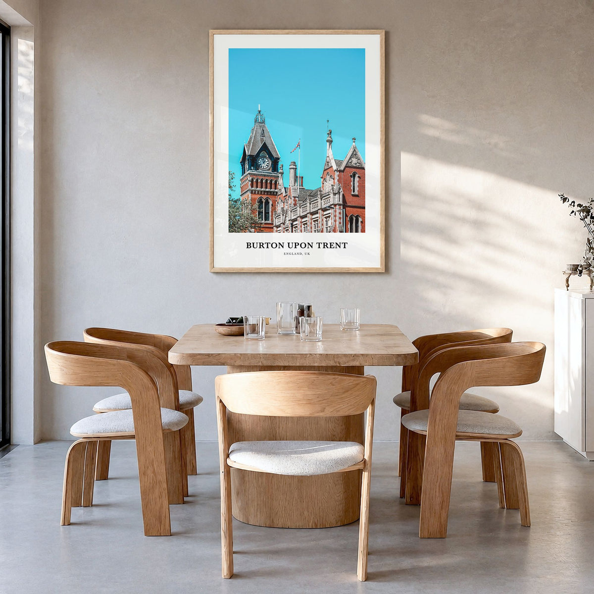 Burton upon Trent Classic Poster in a natural wood frame, hanging in a dining room