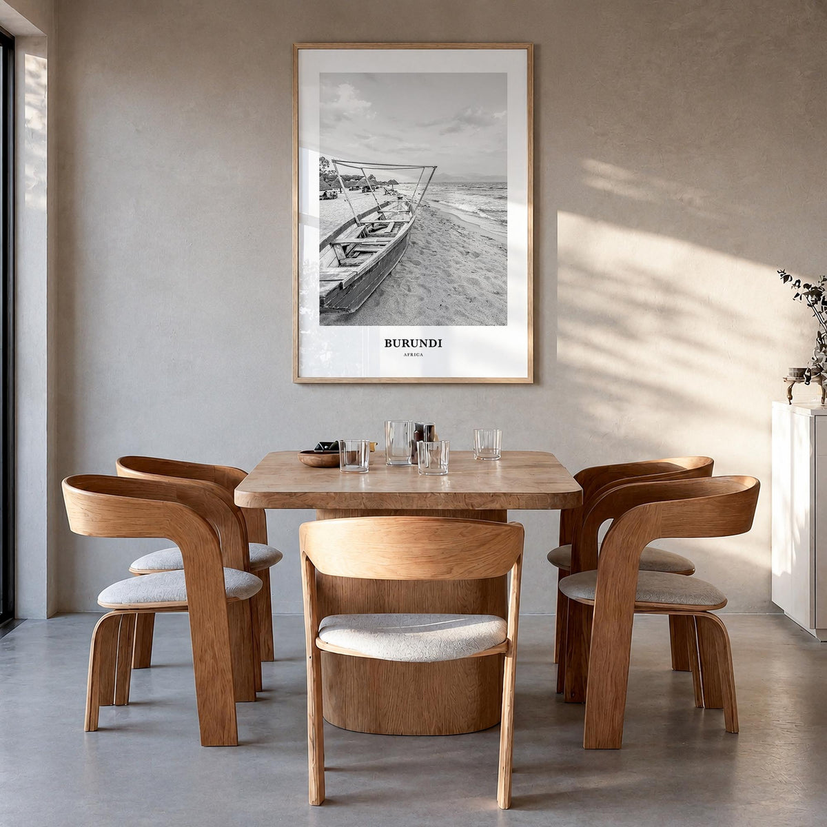 Burundi black & white classic poster of Africa – vertical wall art in natural wood frame, hanging on wall