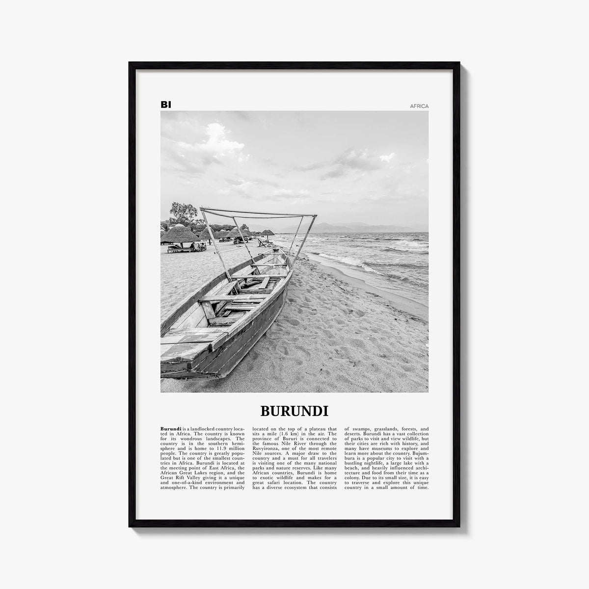 Burundi black & white newspaper poster of Africa – vertical wall art, unframed print shown in interior mockup