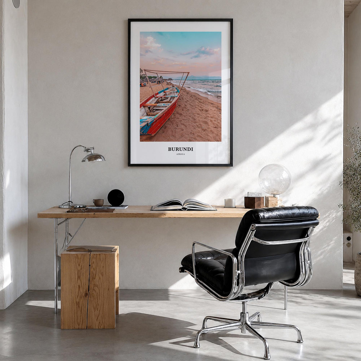 Burundi colorful classic poster of Africa – vertical wall art in black wood frame, hanging on wall