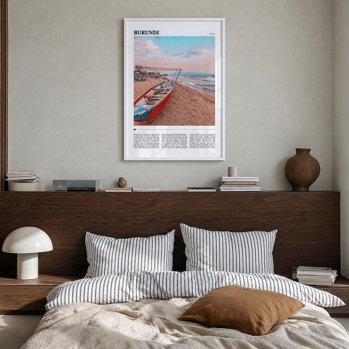 Burundi colorful travel poster of Africa – vertical wall art in white wood frame, hanging on wall