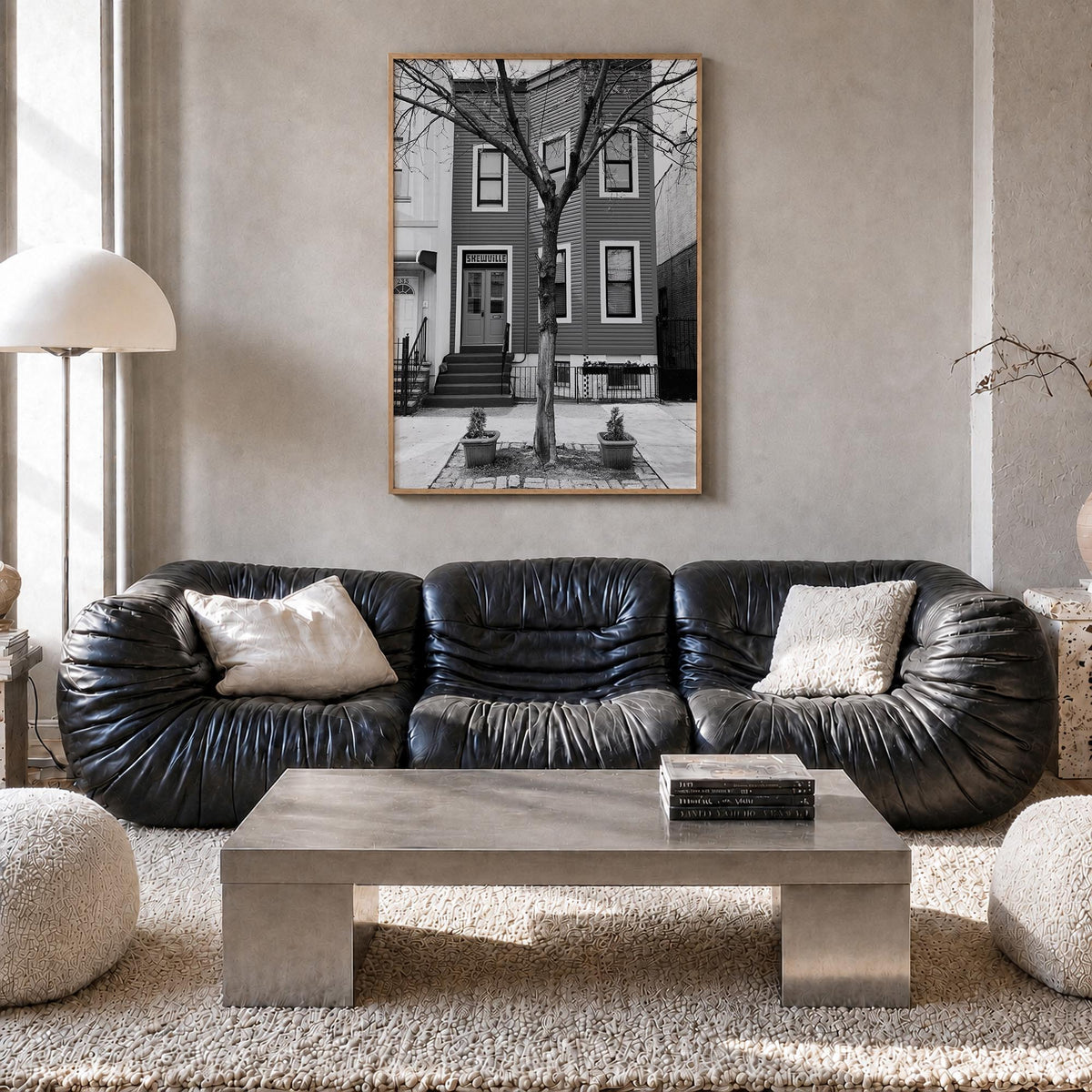 Bushwick black & white photo poster of Brooklyn, New York City – vertical wall art in natural wood frame, hanging on wall