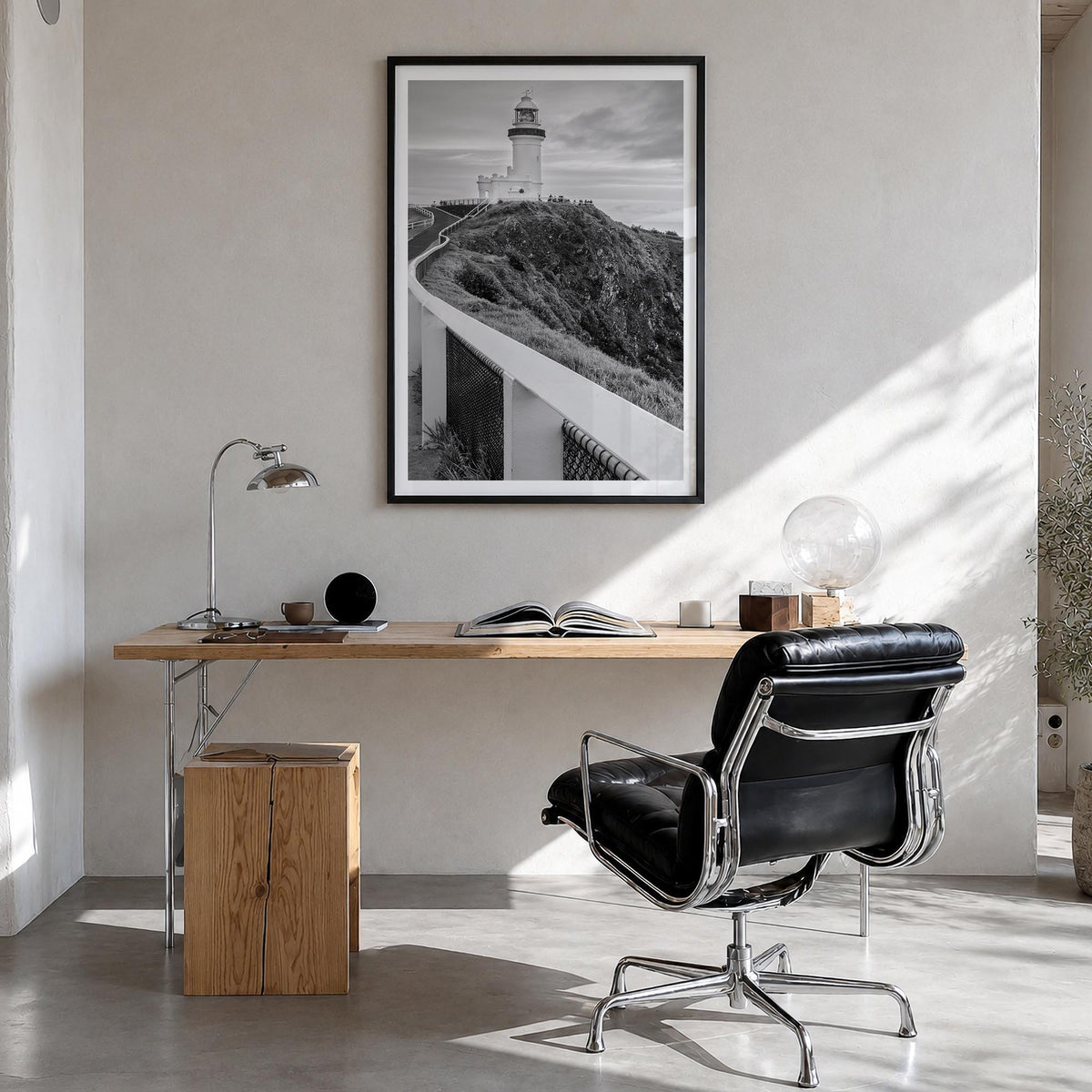 Byron Bay black & white photo poster of New South Wales, Australia – vertical wall art in black wood frame with white border,