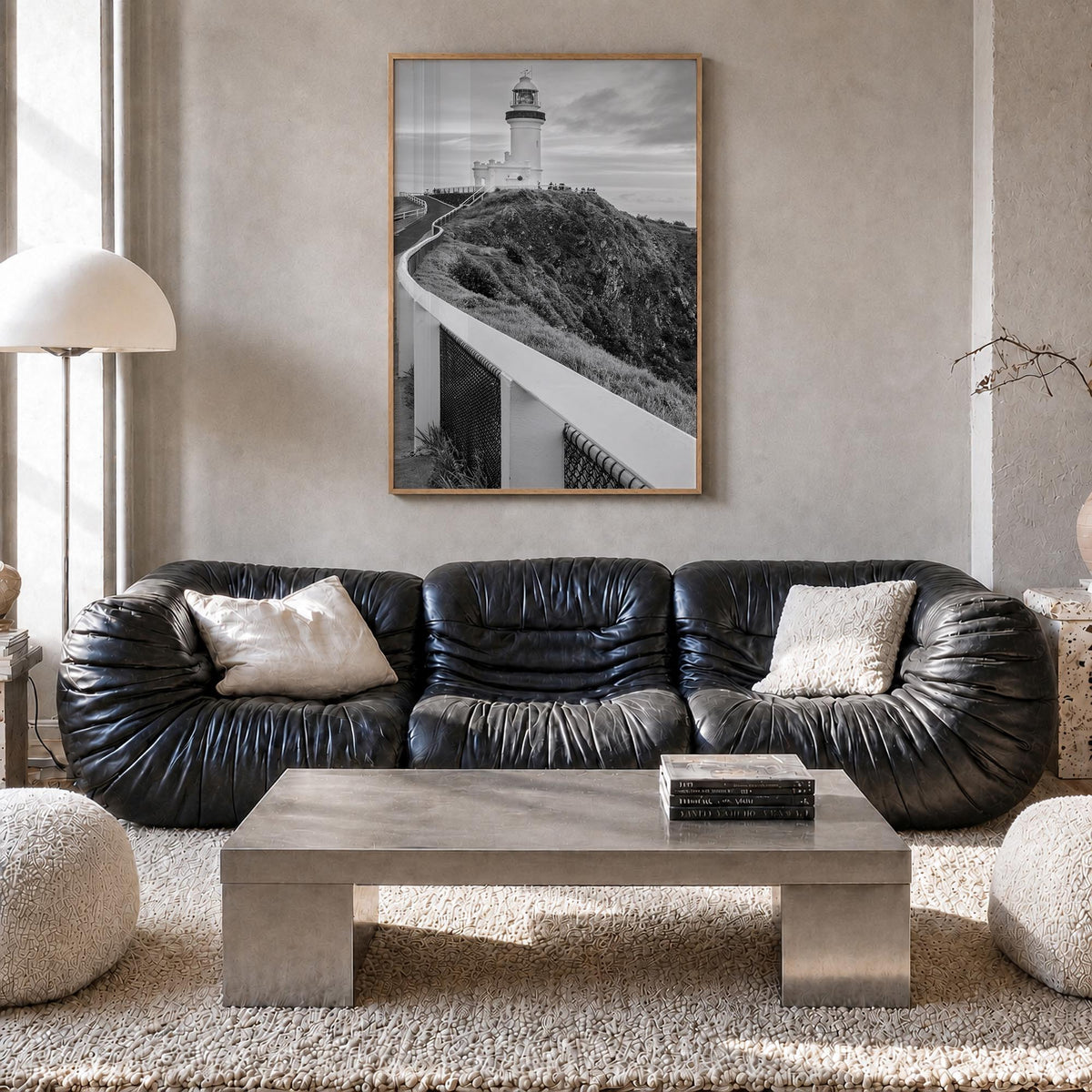 Byron Bay black & white photo poster of New South Wales, Australia – vertical wall art in natural wood frame, hanging on wall