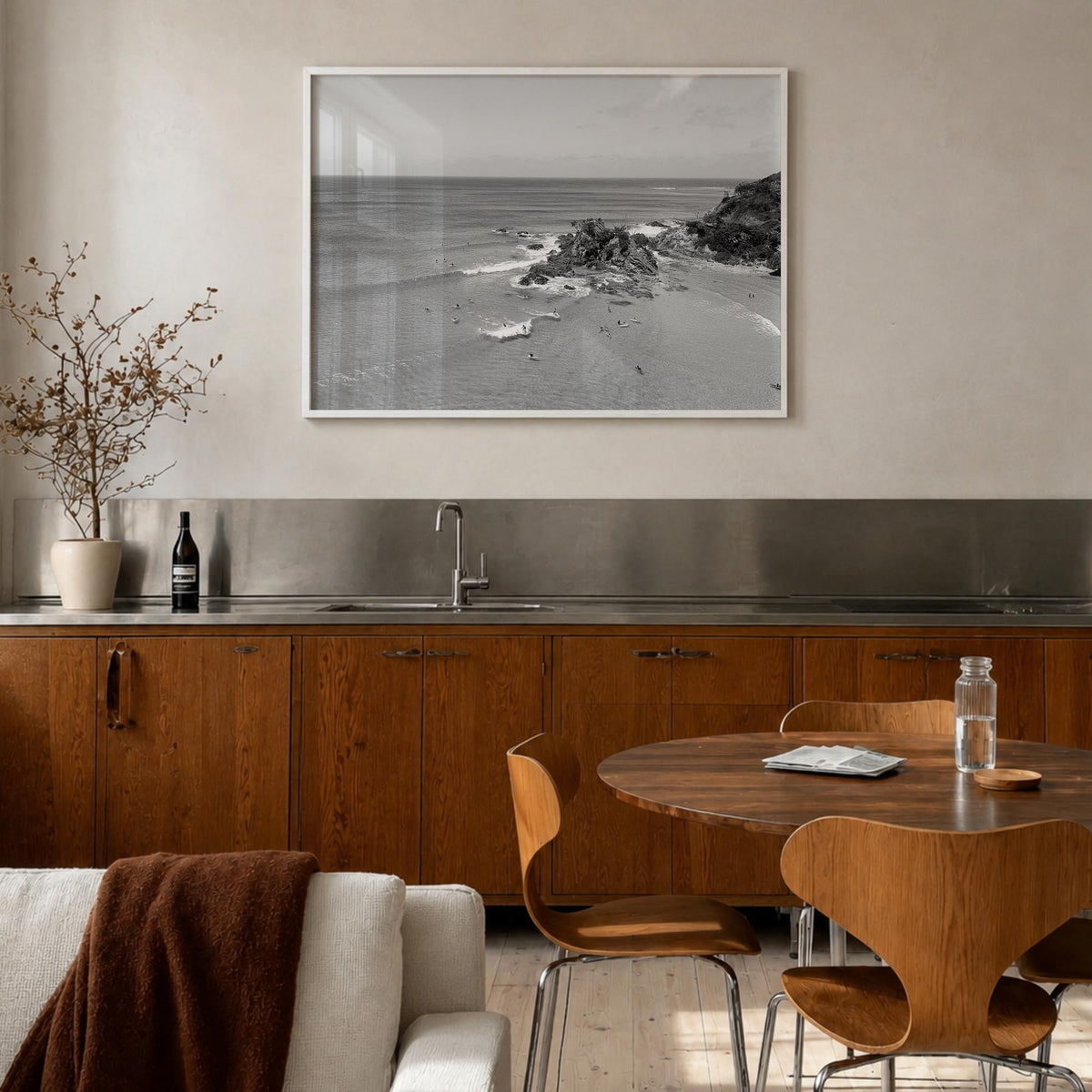 Byron Bay black & white photo poster of New South Wales, Australia – horizontal wall art in white wood frame, hanging on wall
