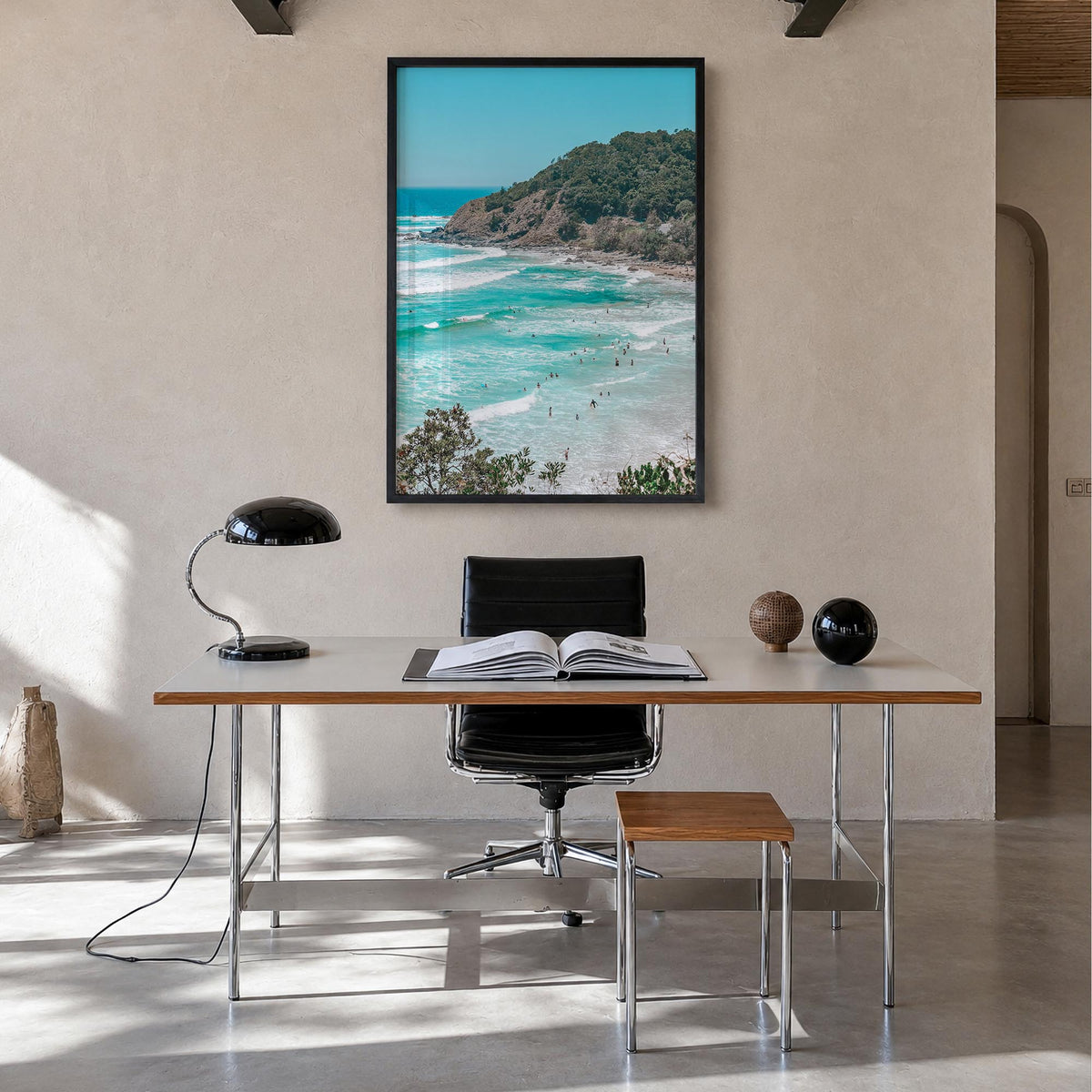 Byron Bay colorful photo poster of New South Wales, Australia – vertical wall art in black wood frame, hanging on wall