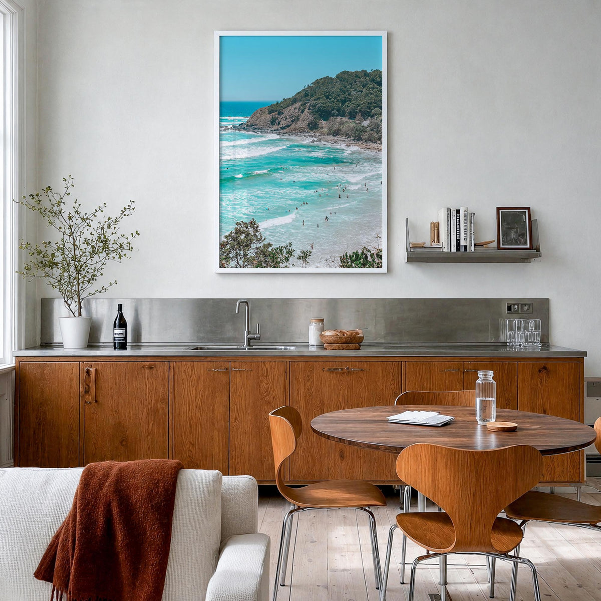 Byron Bay colorful photo poster of New South Wales, Australia – vertical wall art in white wood frame, hanging on wall
