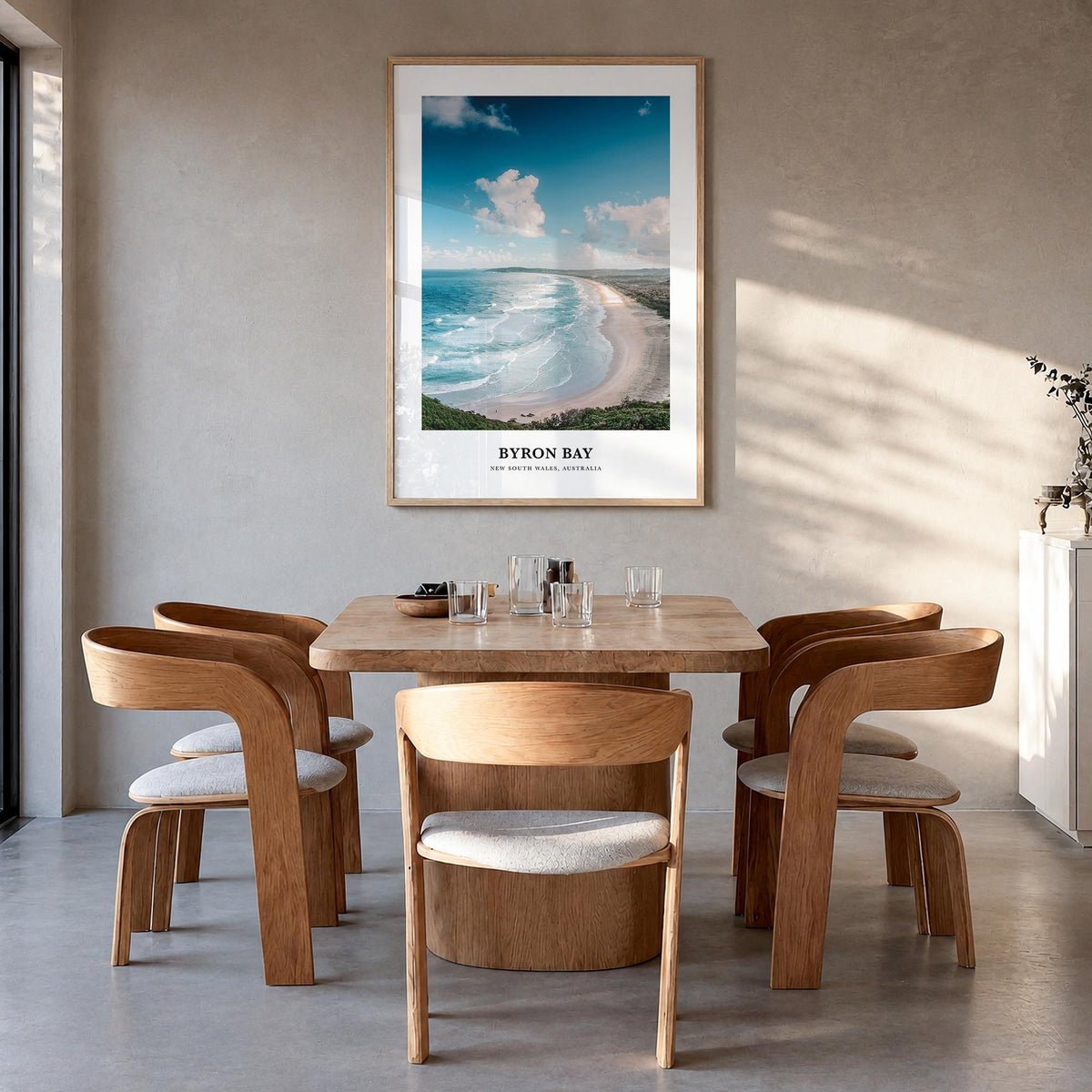 Byron Bay no. 1 colorful classic poster of New South Wales, Australia – vertical wall art in natural wood frame, hanging on w