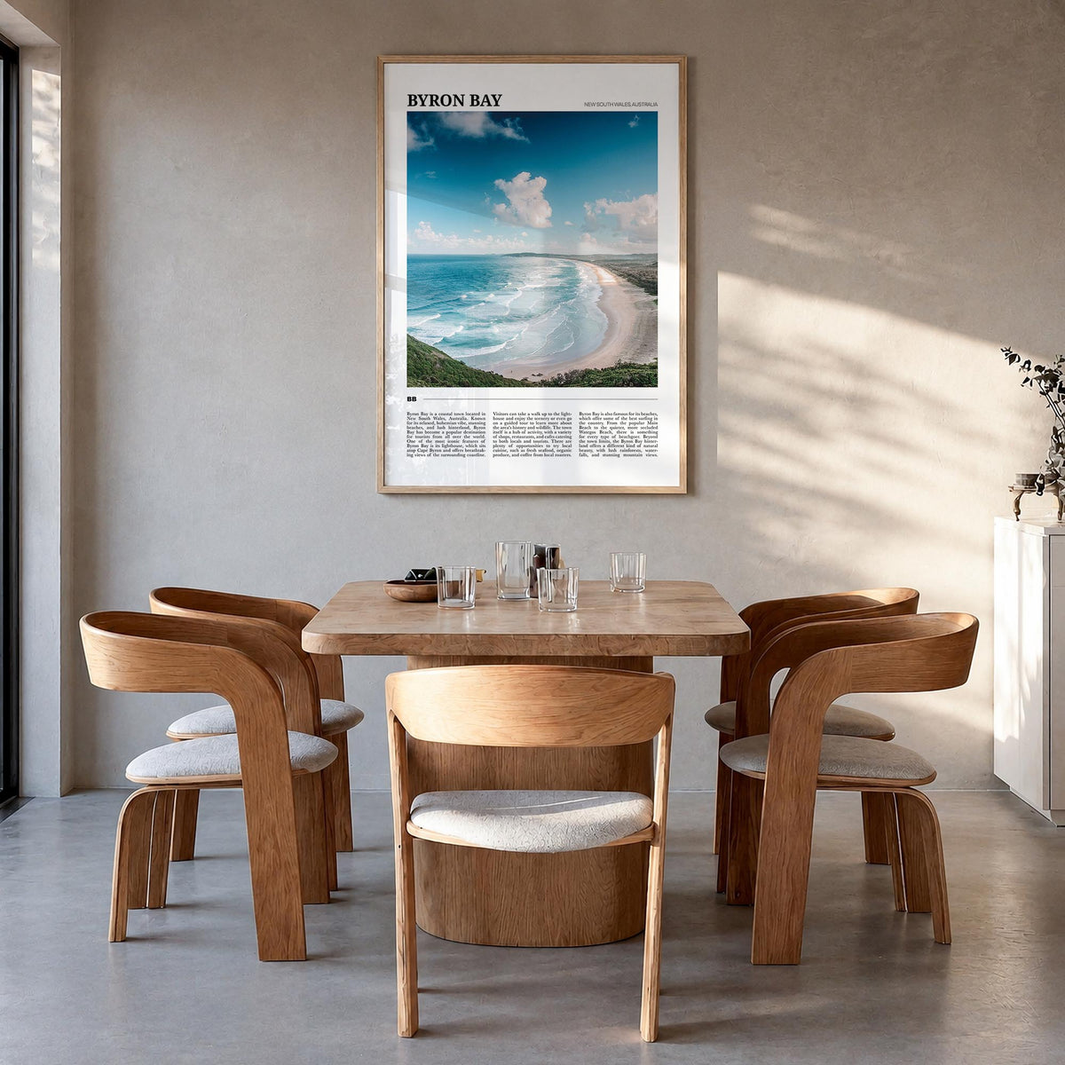 Byron Bay no. 1 colorful travel poster of New South Wales, Australia – vertical wall art in natural wood frame, hanging on wa