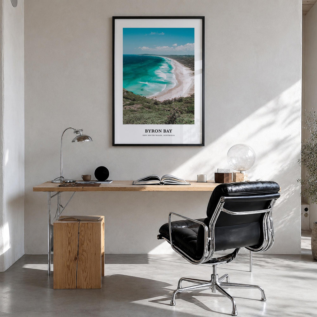 Byron Bay no. 2 colorful classic poster of New South Wales, Australia – vertical wall art in black wood frame, hanging on wal