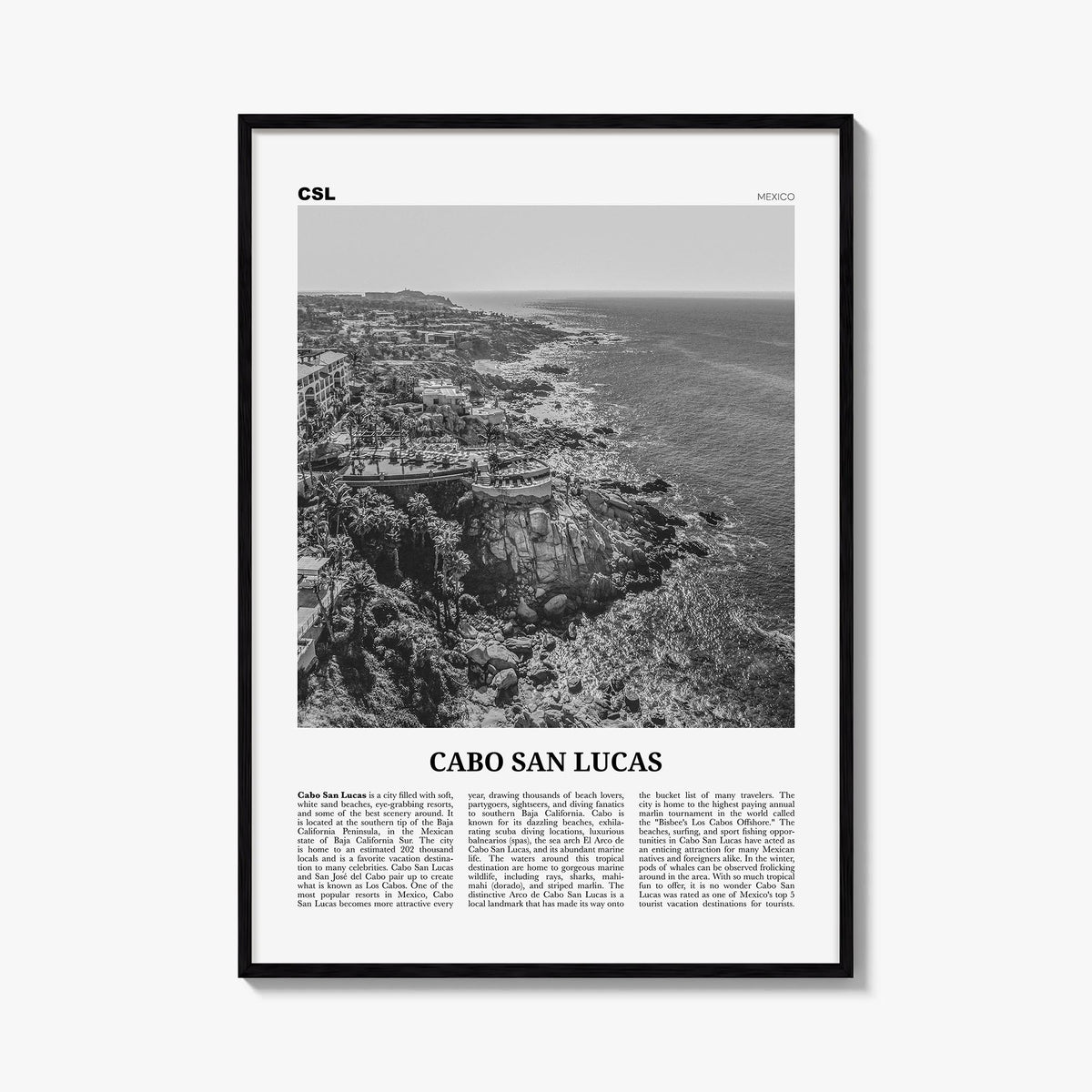 Cabo San Lucas black & white newspaper poster of Mexico – vertical wall art, unframed print shown in interior mockup