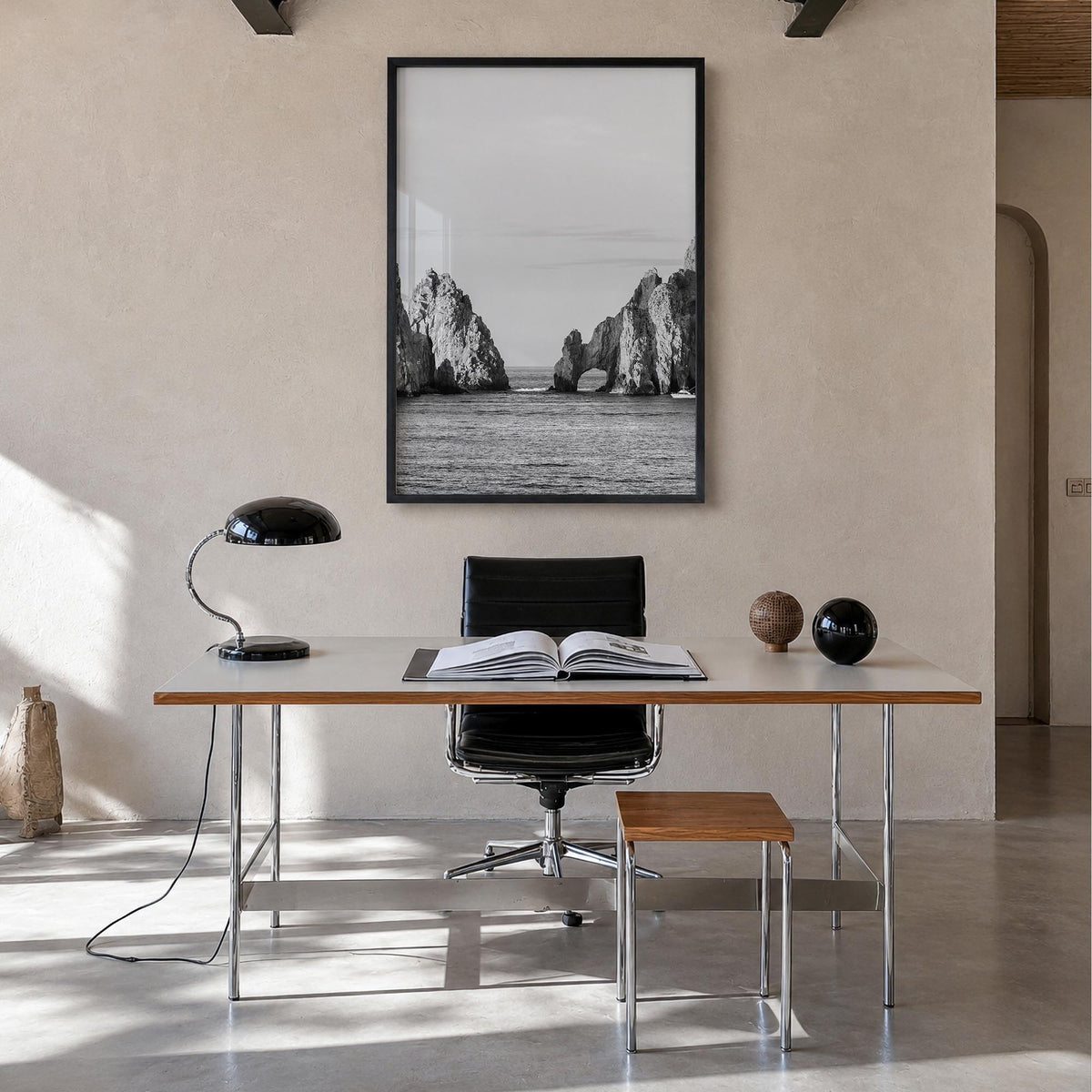 Cabo San Lucas black & white photo poster of Mexico – vertical wall art in black wood frame, hanging on wall