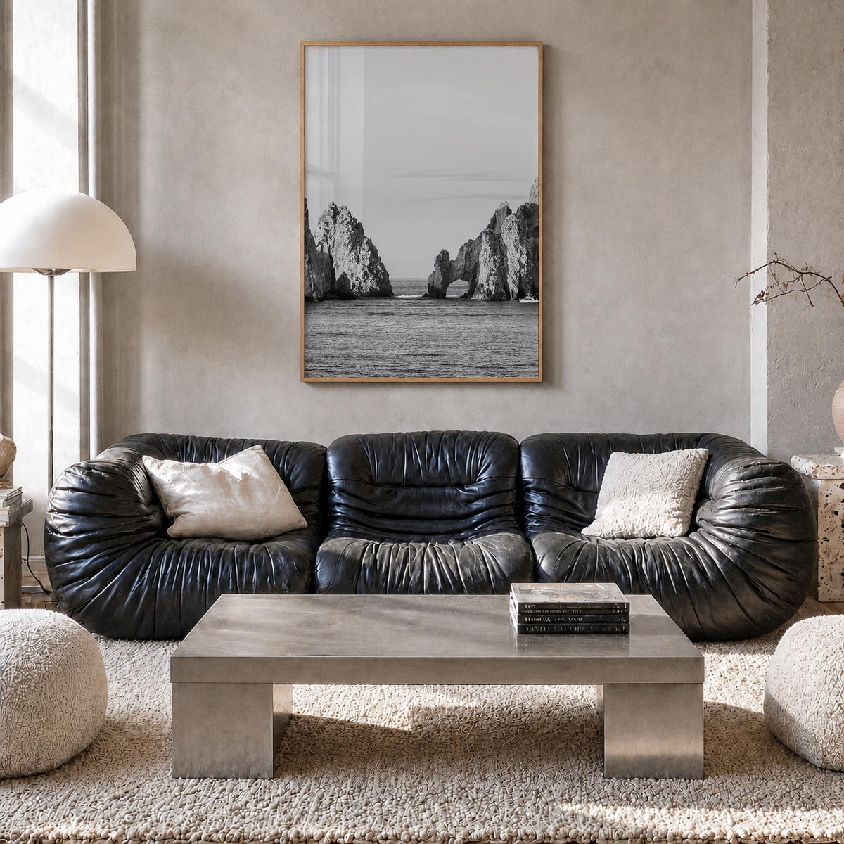 Cabo San Lucas black & white photo poster of Mexico – vertical wall art in natural wood frame, hanging on wall
