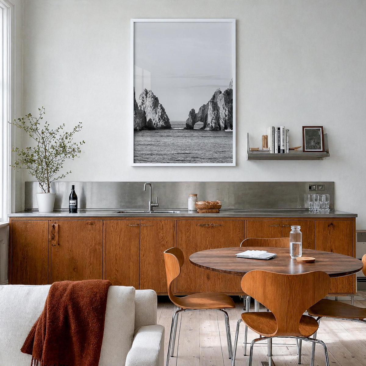 Cabo San Lucas black & white photo poster of Mexico – vertical wall art in white wood frame, hanging on wall