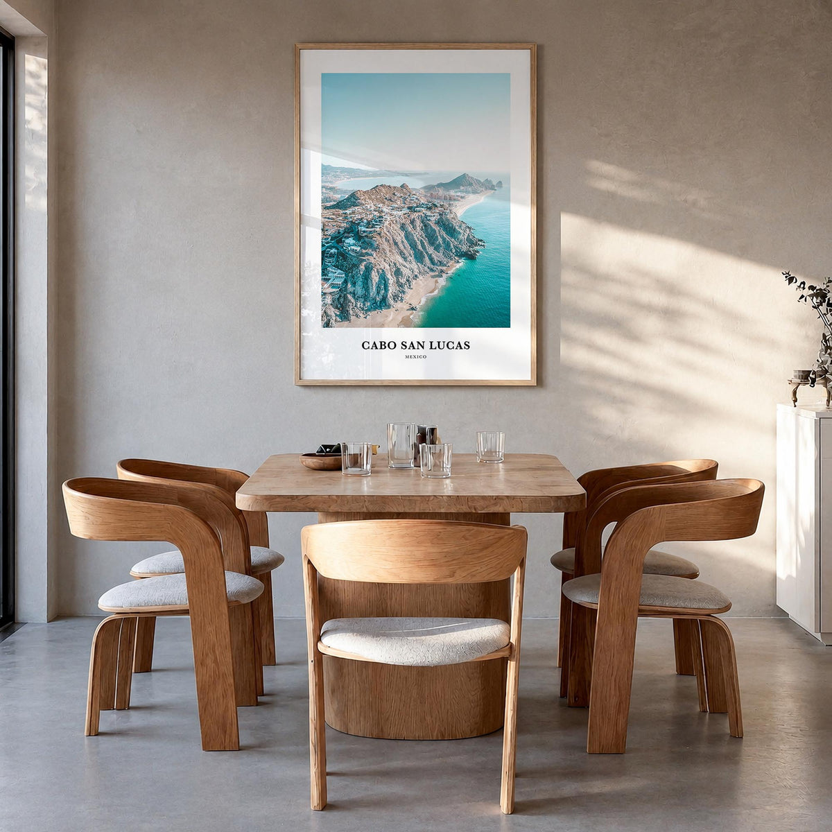 Cabo San Lucas colorful classic poster of Mexico – vertical wall art in natural wood frame, hanging on wall