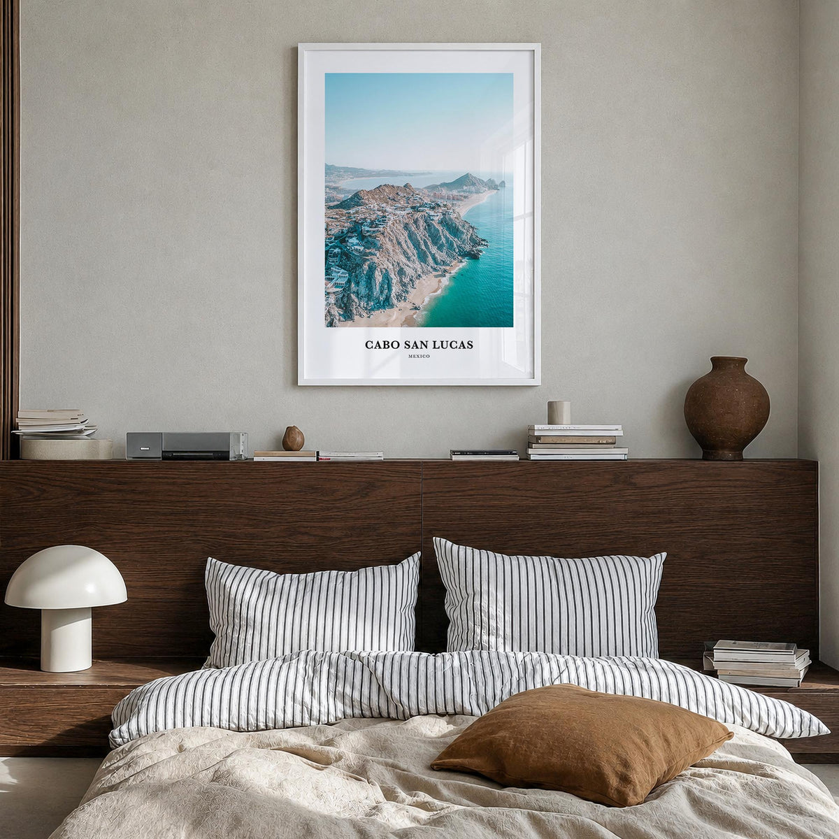 Cabo San Lucas colorful classic poster of Mexico – vertical wall art in white wood frame, hanging on wall
